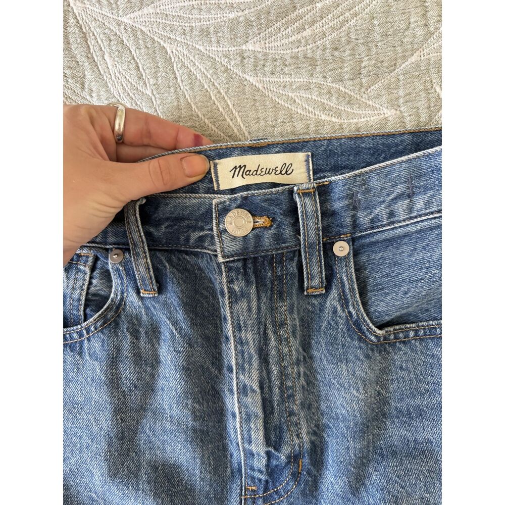 Madewell Rigid Denim A-Line Mini Skirt Size 27 Distressed Hem Stretch Pockets